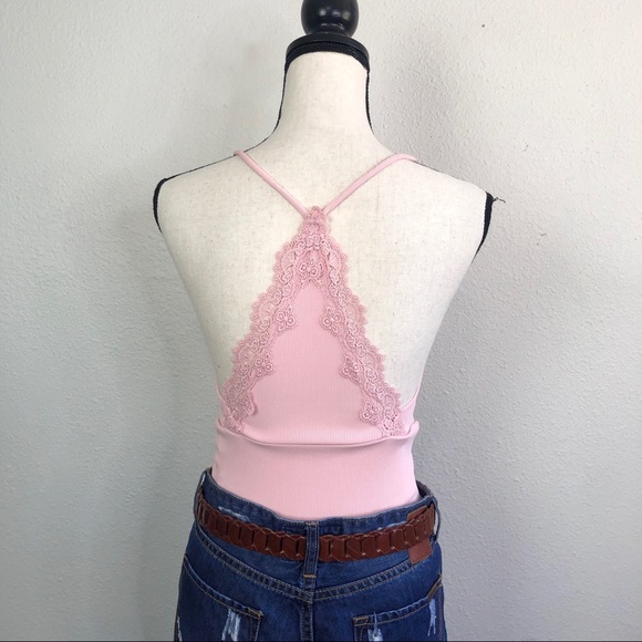 Topshop (8) Blush Pink Lace Trim Bodysuit - Picture 4 of 7